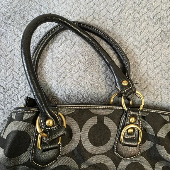 Coach Signature Op Art Satchel 12693 Black Gray Canvas Leather Handbag Purse - Picture 6 of 12